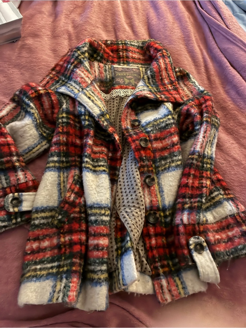 Free people Plaid Wool-Blend Jacket - Red Multicolor size small